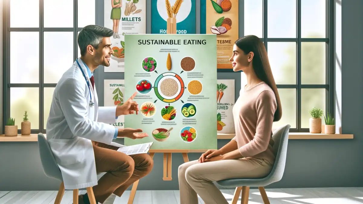 A nutritionist discussing the benefits of sustainable foods, such as millets and seasonal vegetables, with a patient in a bright and welcoming consultation room.